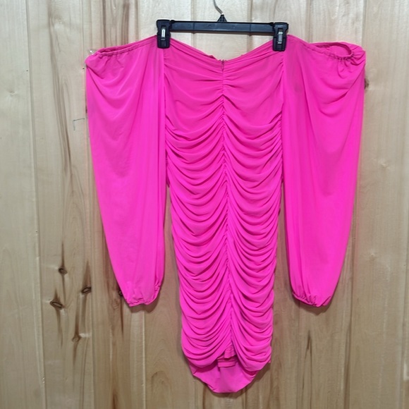 NWT Anrabess Hot Pink Off Shoulder Balloon Sleeve Bodycon Mini Dress Size XL - Picture 3 of 7